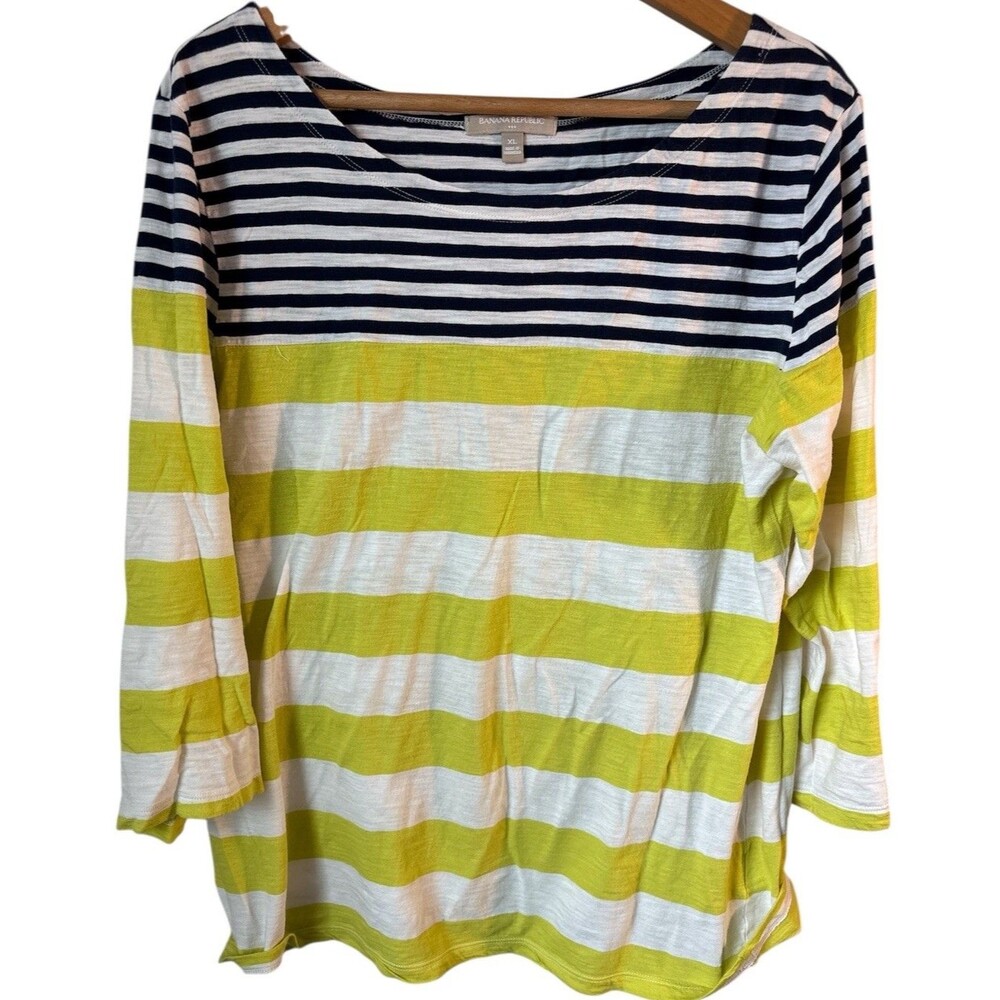 Banana Republic Womens X Large Yellow Navy Striped Top 3/4 Sleeve Preppy resort